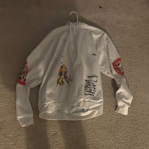 Men's White Graphic Hoodie with Red Accents